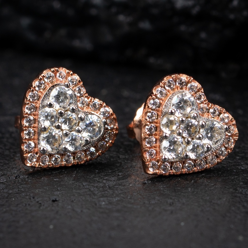 Women’s Elegant Two Tone Rose Gold 925 Sterling Silver Cz Heart Stud Earrings